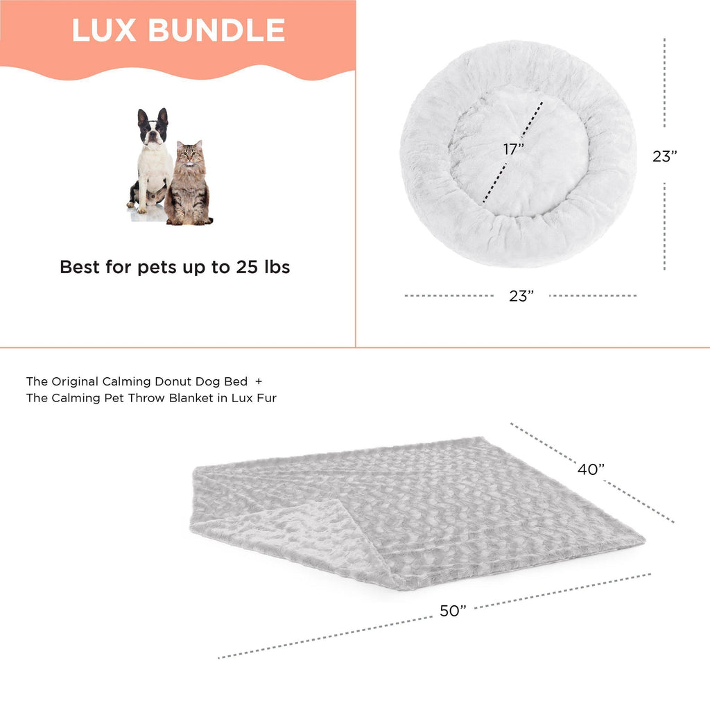 Calming Donut Dog Bed in Lux Fur + Throw Blanket Bundle for Small Pets - 23"x23"