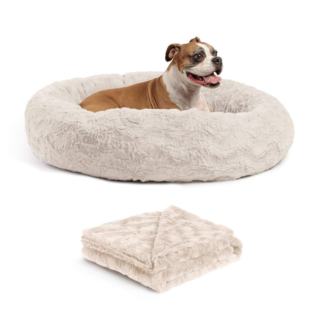 Calming Donut Dog Bed in Lux Fur + Soft Throw Blanket Bundle - 36"x36"