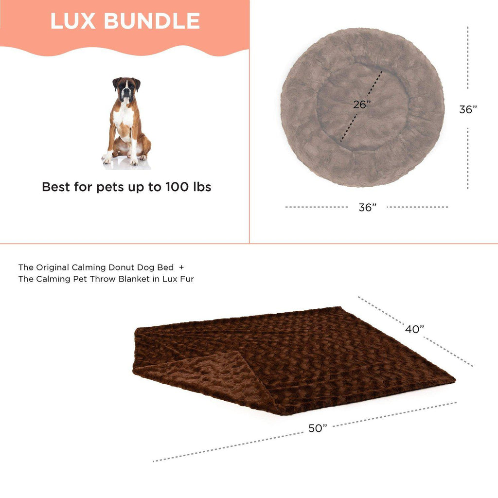 Calming Donut Dog Bed in Lux Fur + Soft Throw Blanket Bundle - 36"x36"