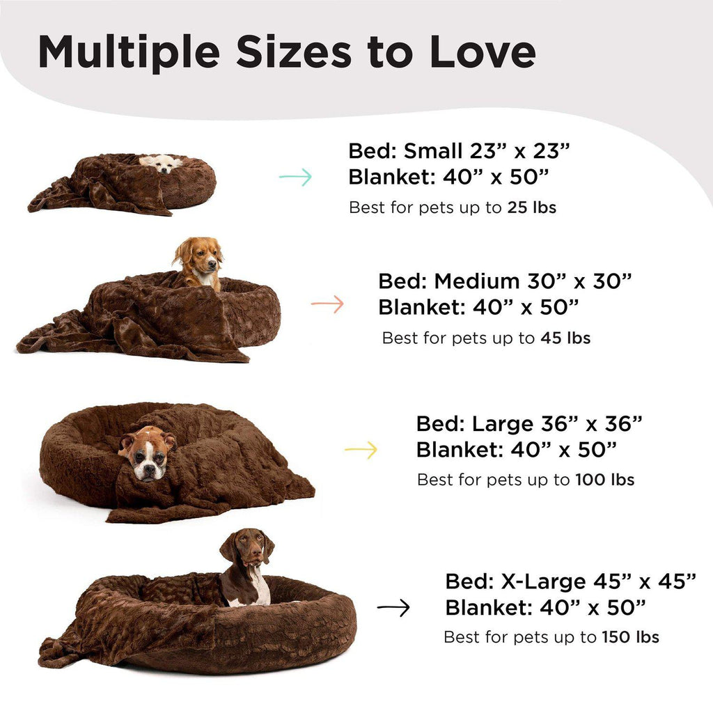 Calming Donut Dog Bed in Lux Fur + Soft Throw Blanket Bundle - 36"x36"