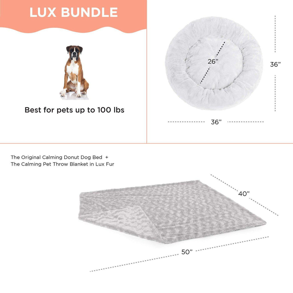 Calming Donut Dog Bed in Lux Fur + Soft Throw Blanket Bundle - 36"x36"