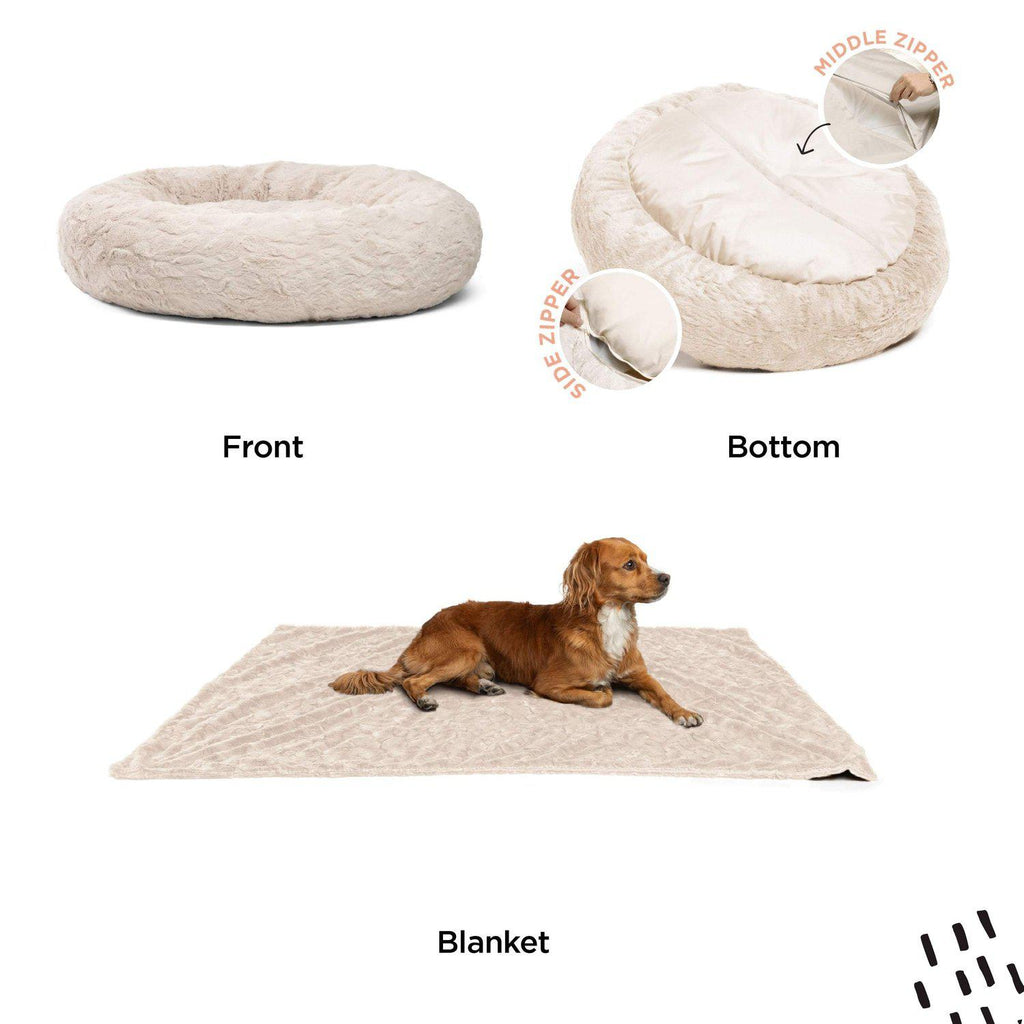 Calming Donut Dog Bed in Lux Fur + Soft Throw Blanket Bundle - 36"x36"