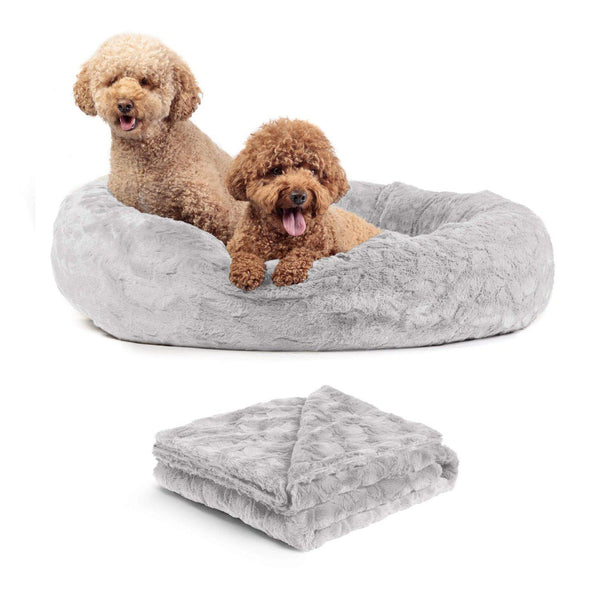 Calming Donut Dog Bed in Lux Fur + Soft Throw Blanket Bundle - 36"x36"