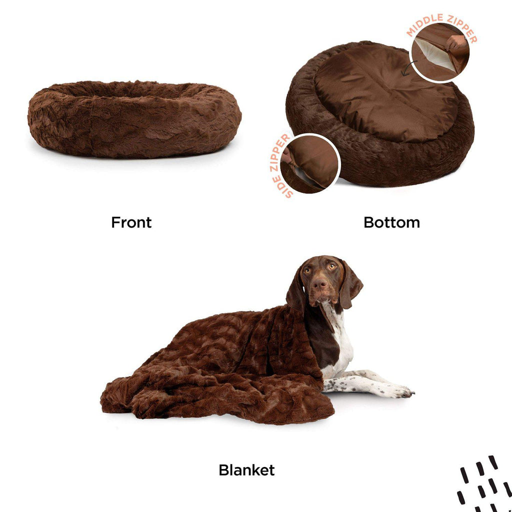 Calming Donut Dog Bed in Lux Fur + Throw Blanket Bundle - 45"x45"