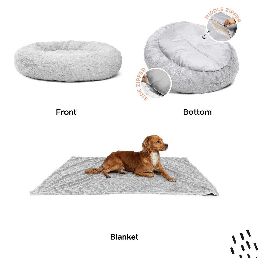 Calming Donut Dog Bed in Lux Fur + Throw Blanket Bundle - 45"x45"