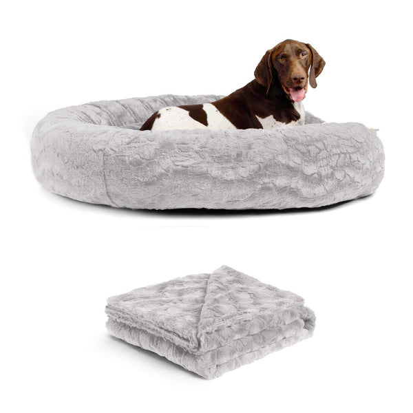 Calming Donut Dog Bed in Lux Fur + Throw Blanket Bundle - 45"x45"