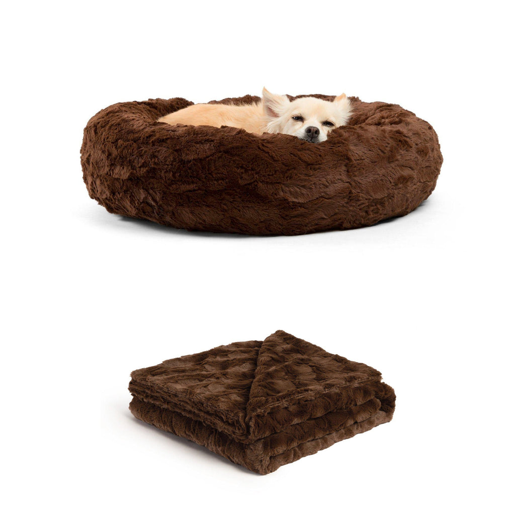 Calming Donut Dog Bed in Lux Fur + Throw Blanket Bundle for Small Pets - 23"x23"