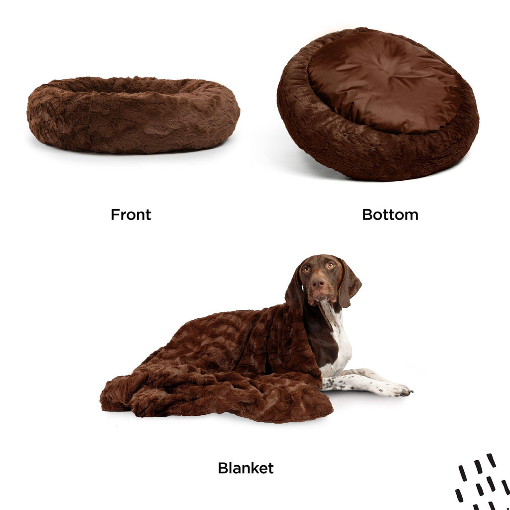 Calming Donut Dog Bed in Lux Fur + Throw Blanket Bundle for Small Pets - 23"x23"