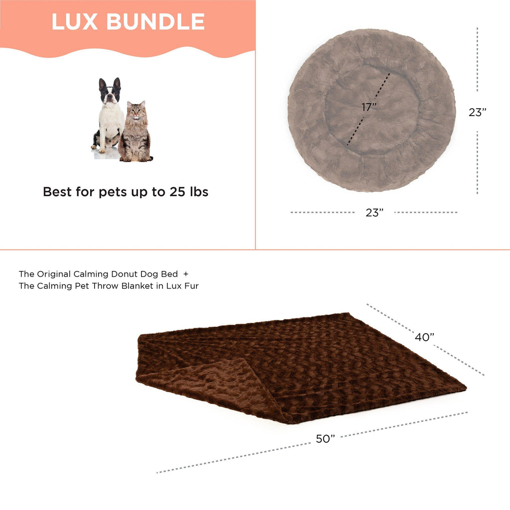 Calming Donut Dog Bed in Lux Fur + Throw Blanket Bundle for Small Pets - 23"x23"