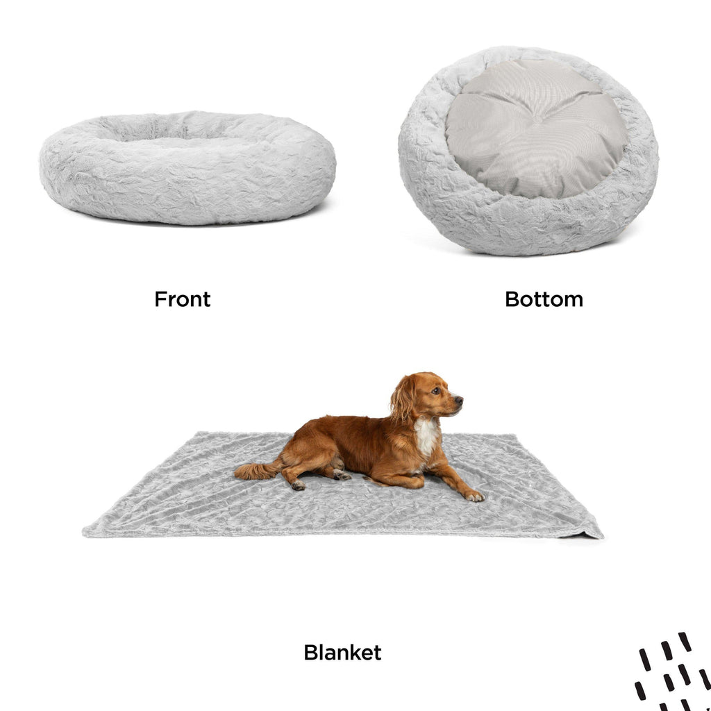 Calming Donut Dog Bed in Lux Fur + Throw Blanket Bundle for Small Pets - 23"x23"