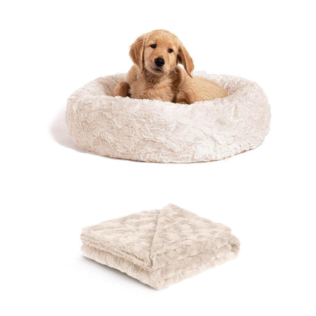 Calming Donut Dog Bed in Lux Fur + Throw Blanket Bundle for Small Pets - 23"x23"