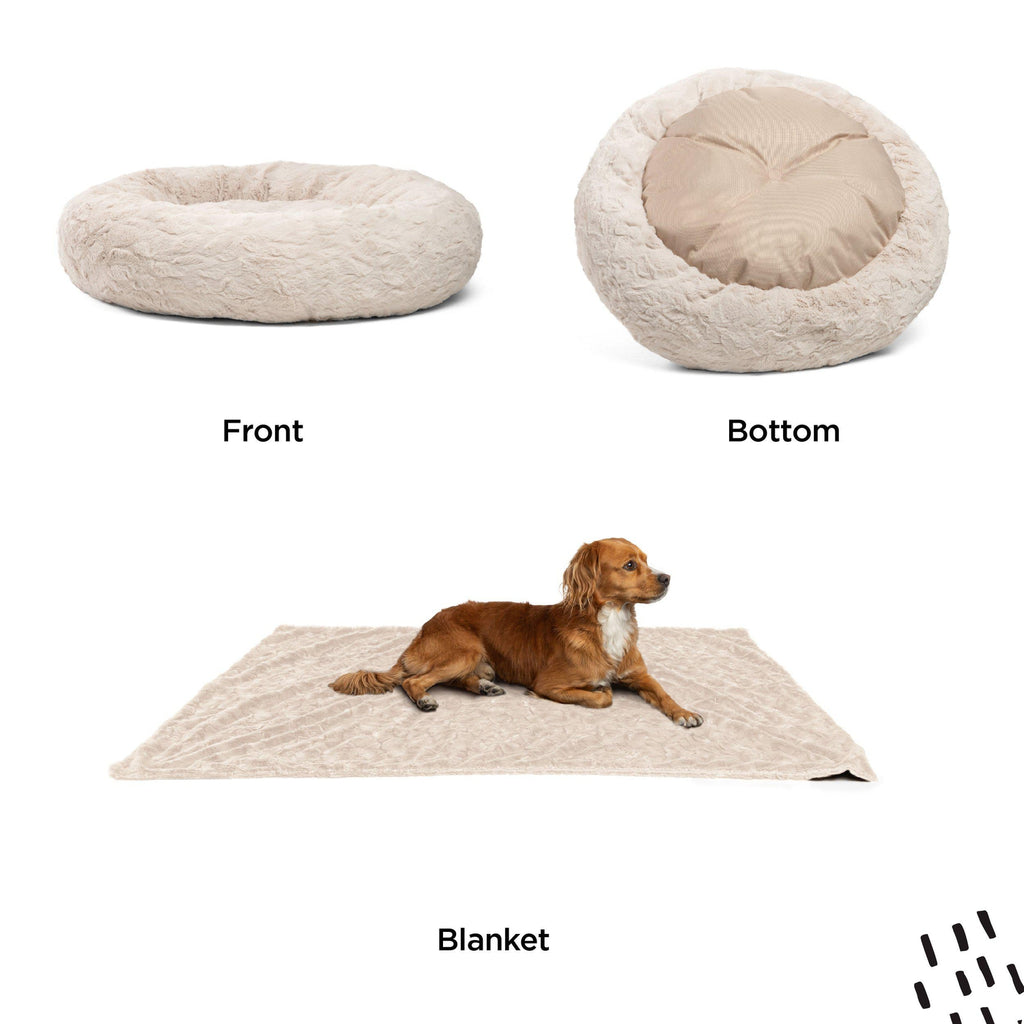 Calming Donut Dog Bed in Lux Fur + Throw Blanket Bundle for Small Pets - 23"x23"