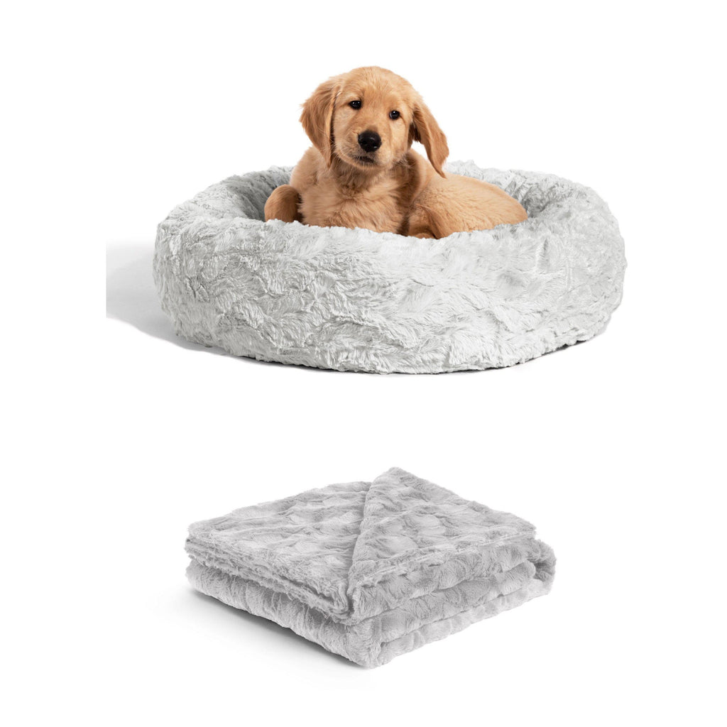 Calming Donut Dog Bed in Lux Fur + Throw Blanket Bundle for Small Pets - 23"x23"