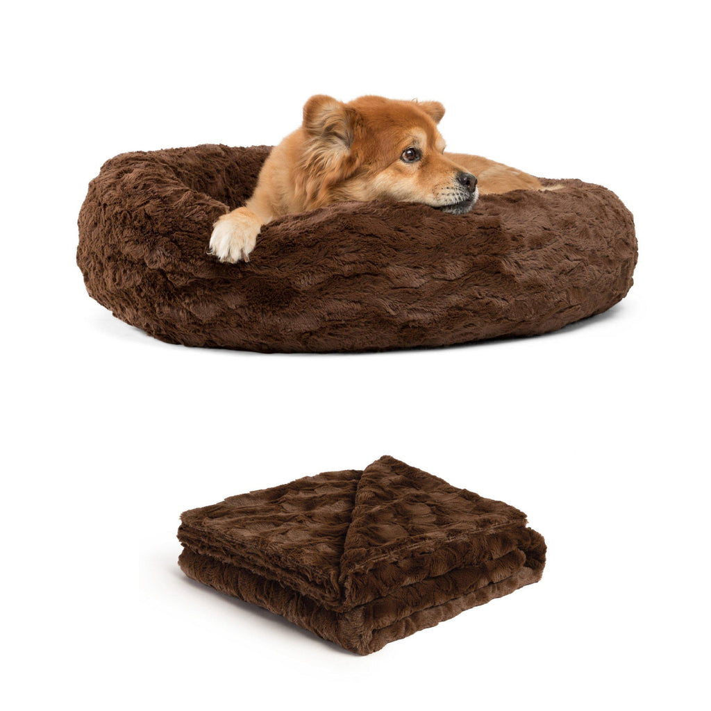 Calming Donut Dog Bed in Soft Lux Fur + Throw Blanket Bundle - 30"x30"