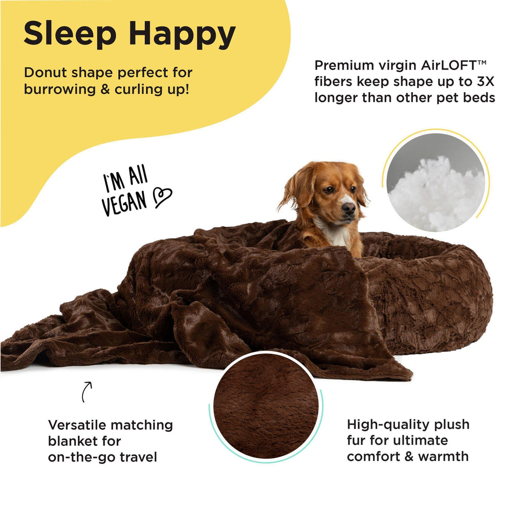 Calming Donut Dog Bed in Soft Lux Fur + Throw Blanket Bundle - 30"x30"