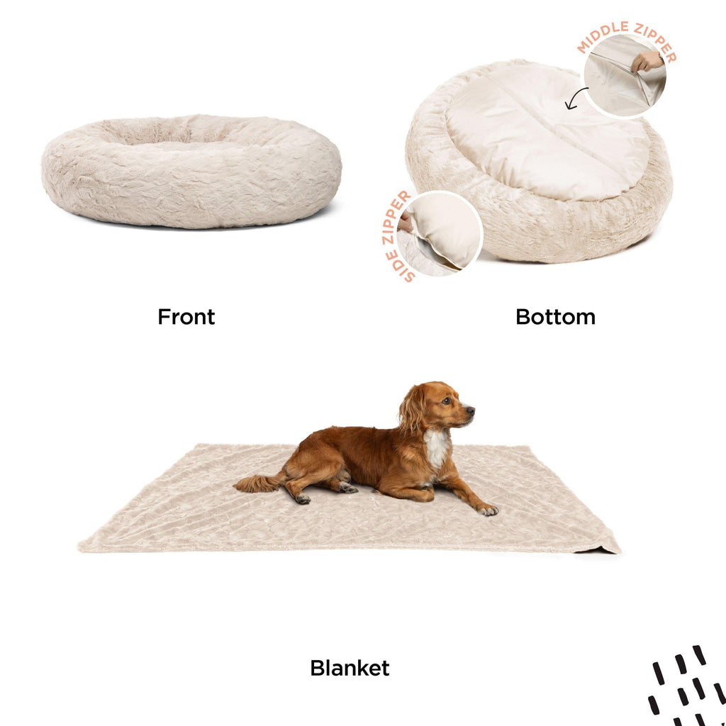 Calming Donut Dog Bed in Soft Lux Fur + Throw Blanket Bundle - 30"x30"