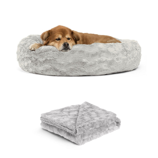 Calming Donut Dog Bed in Soft Lux Fur + Throw Blanket Bundle - 30"x30"